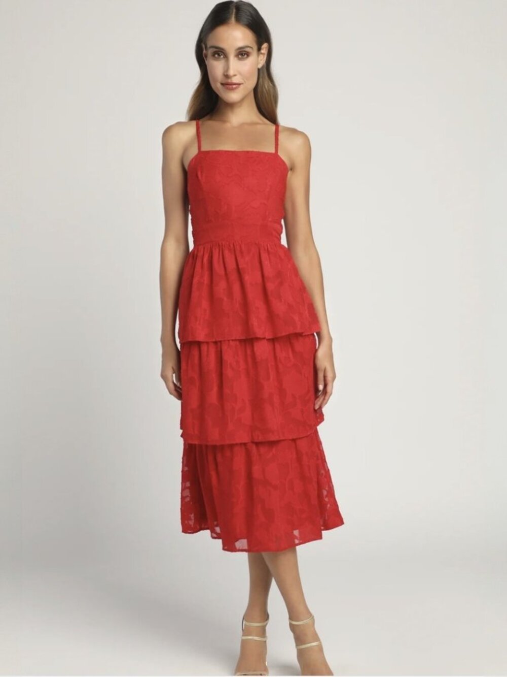 Lulus Grace and Beauty Red Burnout Floral Print Tiered Dress NWT